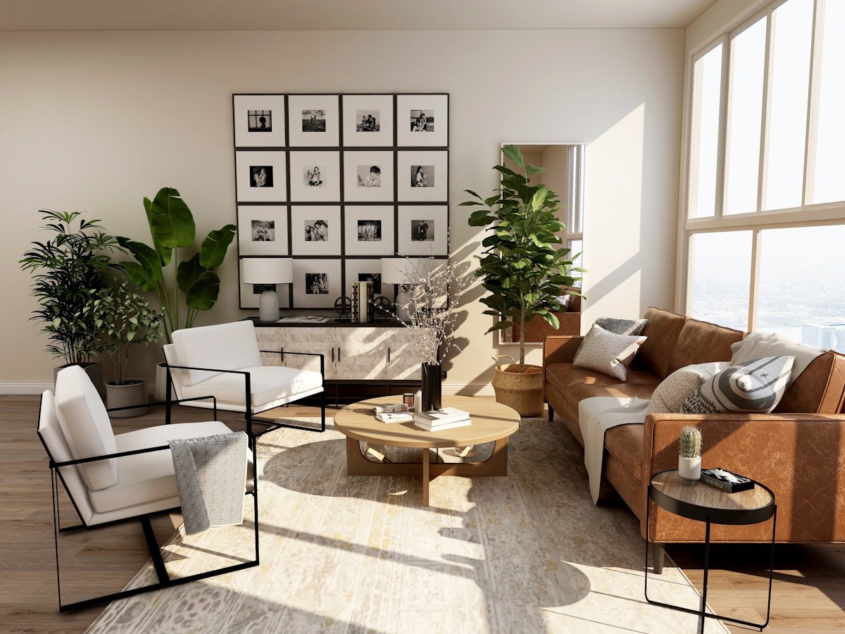 Bright living room with a brown sofa and layered interior styling